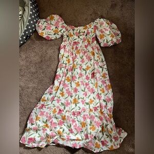 Sweet Lemons Puff Shoulder Tea Length Flowy Floral Dress